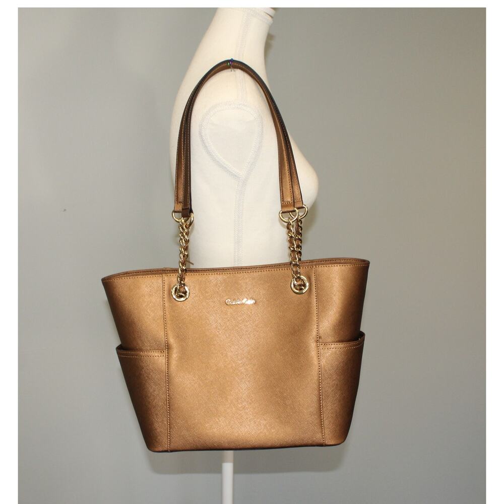 Calvin Klein Saffiano Chain Leather Tote Bronze Very Good Purse Pockets  10x15